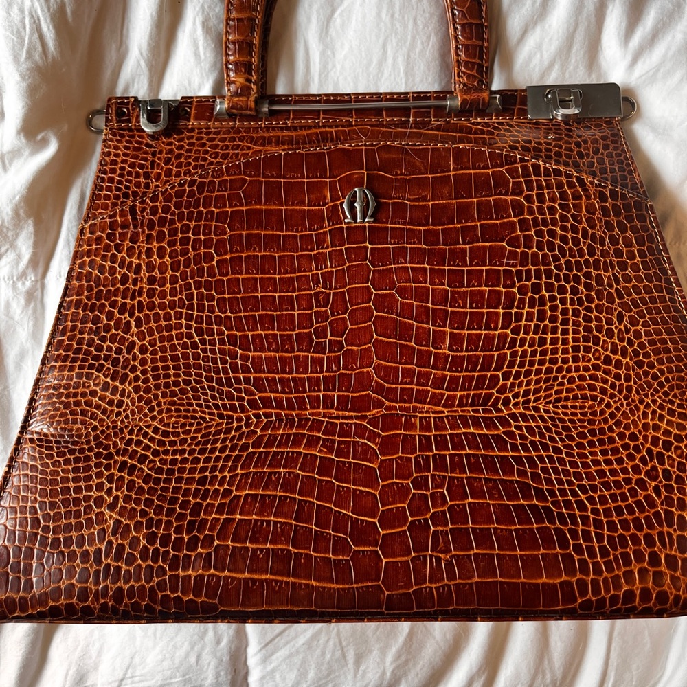 Michael Angelo Luxurious Brown Crocodile Embossed Satchel